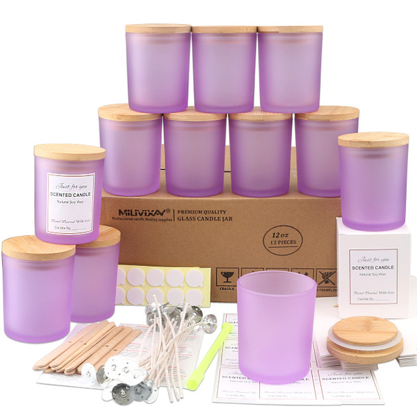 12 Pack 12 OZ Matte Purple Glass Candle Jars with Lids and Candle Making Kits - Bulk Empty Candle Jars for Making Candles - Spice, Powder Containers.