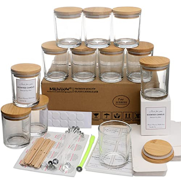 12 Pack 7 OZ Clear Glass Candle Jars with Lids and Candle Making Kits - Bulk Empty Candle Jars for Making Candles - Spice, Powder Containers.