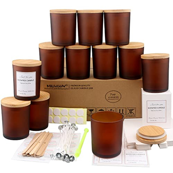 12 Pack 7 OZ Frosted Amber Glass Candle Jars with Lids and Candle Making Kits - Bulk Empty Candle Jars for Making Candles - Spice, Powder Containers.