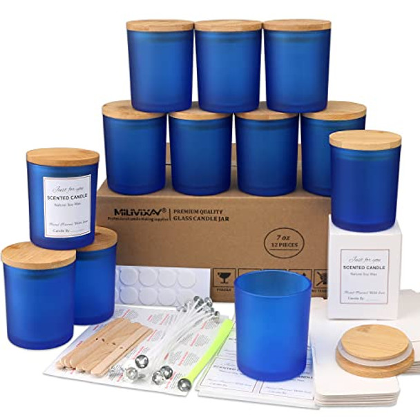12 Pack 7 OZ Frosted Blue Glass Candle Jars with Lids and Candle Making Kits - Bulk Empty Candle Jars for Making Candles - Spice, Powder Containers.