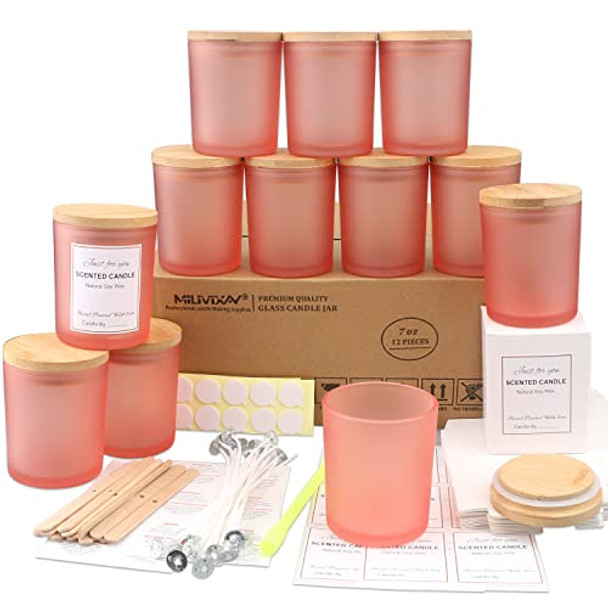 12 Pack 7 OZ Frosted Pink Glass Candle Jars with Lids and Candle Making Kits - Bulk Empty Candle Jars for Making Candles - Spice, Powder Containers.