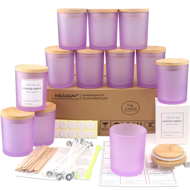12 Pack 7 OZ Frosted Purple Glass Candle Jars with Lids and Candle Making Kits - Bulk Empty Candle Jars for Making Candles - Spice, Powder Containers.