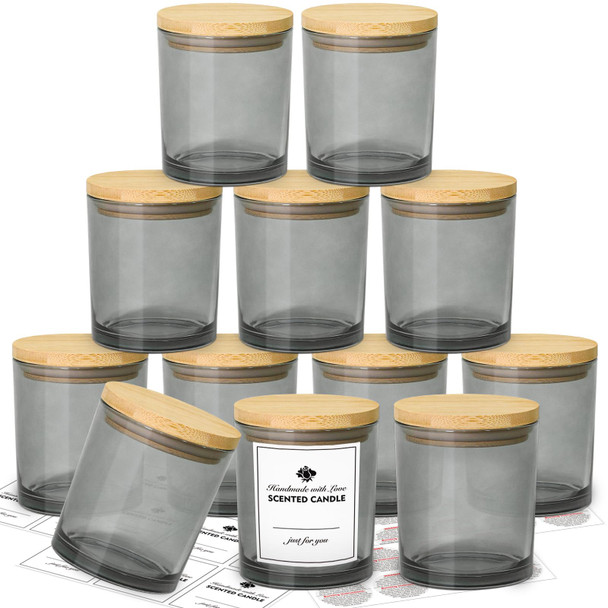 12 Pack Glass Candle Jars-10oz Gray Empty Candle Jars with Bamboo Lids and Sticky Labels, Bulk Candle Jars for Making Candles Containers - Dishwasher Safe