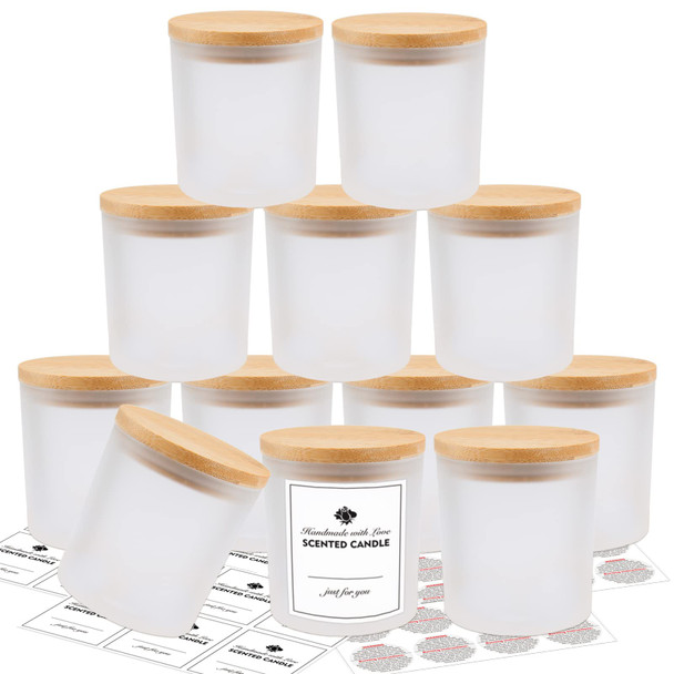 12 Pack Glass Candle Jars-10oz Frosted Empty Candle Jars with Bamboo Lids and Sticky Labels, Bulk Candle Jars for Making Candles Containers - Dishwasher Safe