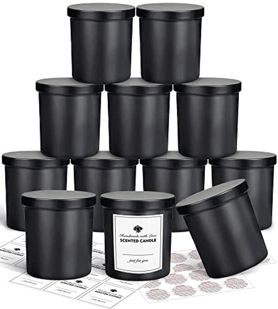 12 Pack 10oz Glass Candle Jars with Lids and Sticky Labels, Empty Candle Jars for Making Candles Bulk Containers(Matte Black)