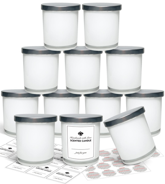 12 Pack 10oz Glass Candle Jars with Lids and Sticky Labels, Empty Candle Jars for Making Candles Bulk Containers(Inner White)