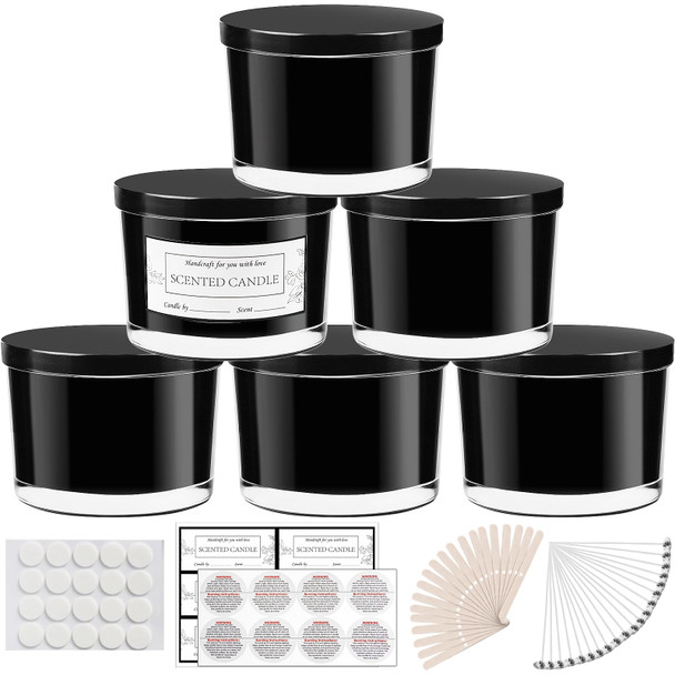 6 Pack 16 oz Candle Jars - 3 Wicks Black Empty Glass Candle Jars Come with Metal Lids Sticky Warning Labels and a Candle Wick Kit for Candle Making- Dishwasher Safe