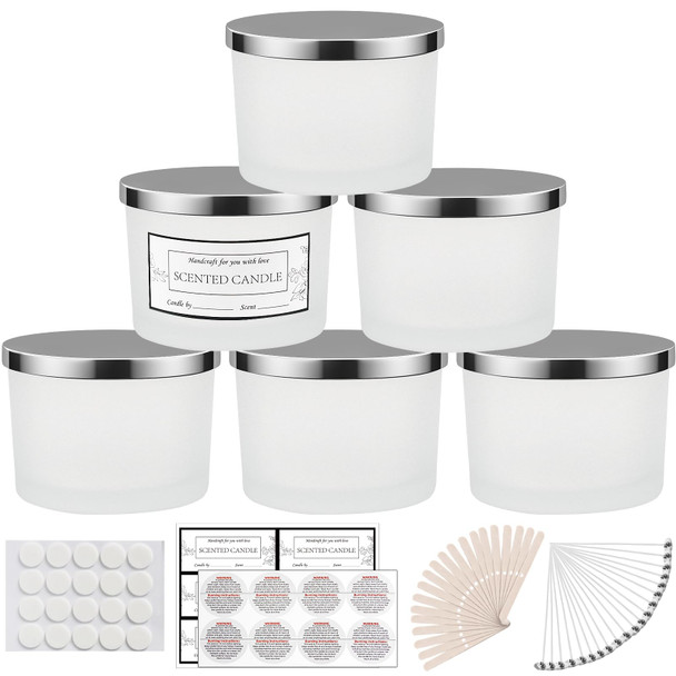 6 Pack 16 oz Candle Jars - 3 Wicks Frosted Empty Glass Candle Jars Come with Metal Lids Sticky Warning Labels and a Candle Wick Kit for Candle Making- Dishwasher Safe