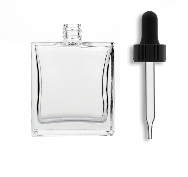 3.4 oz (100ml) Deluxe Flint Square Clear Glass Bottle with 18-415 neck size Black Dropper-  Case of 64