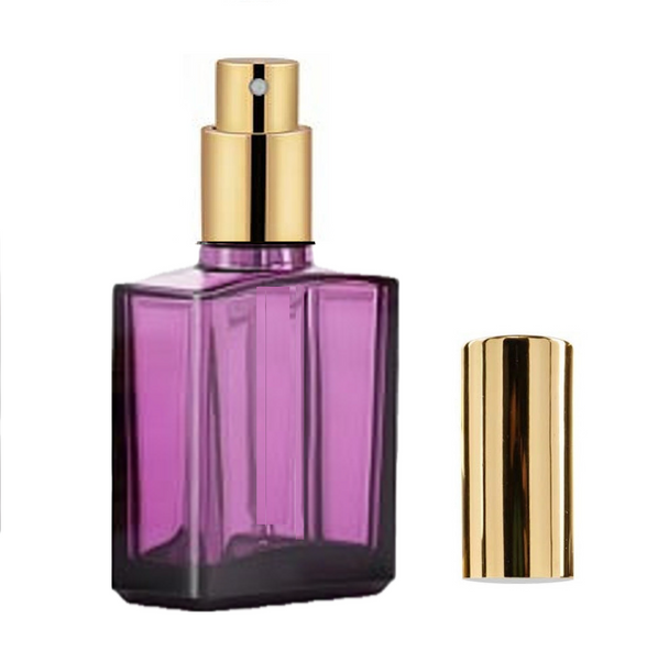 1 oz Purple SQUARE Glass Bottle w/ Shiny Gold Treatment Pump