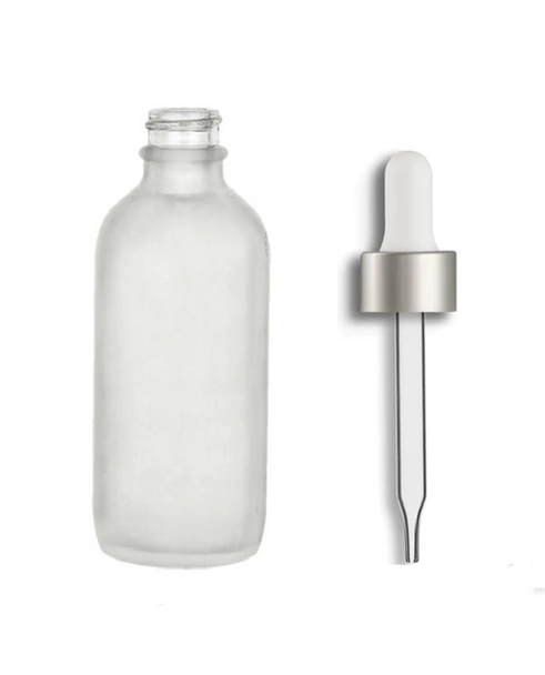 4 oz Frosted Glass Bottle w/ White-Matte Silver Glass Dropper