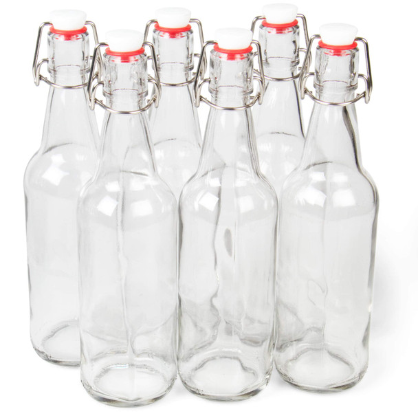 Cocktailor Glass Grolsch Beer Bottles (6-pack, 16.9 oz./500 mL) Airtight Seal with Swing Top/Flip Top Stoppers - Home Brewing Supplies, Fermenting of Alcohol, Kombucha Tea, Wine, Soda - Clear