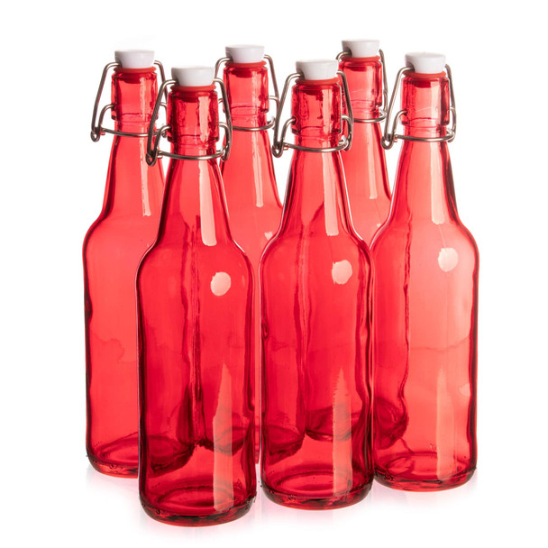 Cocktailor Glass Grolsch Beer Bottles (6-pack, 16.9 oz./500 mL) Airtight Seal with Swing Top/Flip Top Stoppers - Home Brewing Supplies, Fermenting of Alcohol, Kombucha Tea, Wine, Soda - Red