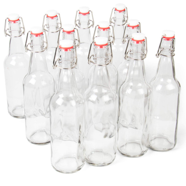 Cocktailor Glass Grolsch Beer Bottles (12-pack, 16.9 oz./500 mL) Airtight Seal with Swing Top/Flip Top Stoppers - Home Brewing Supplies, Fermenting of Alcohol, Kombucha Tea, Wine, Soda - Clear