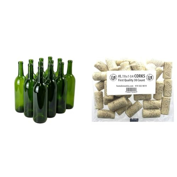 Home Brew Ohio 6 Gallon Bottle Set: Green Claret/Bordeaux (36 Bottles) & FastRack Bag of 30 8 Premium Straight Wine Corks for Wine Bottles from Brand Name - 7/8" x 1-3/4"