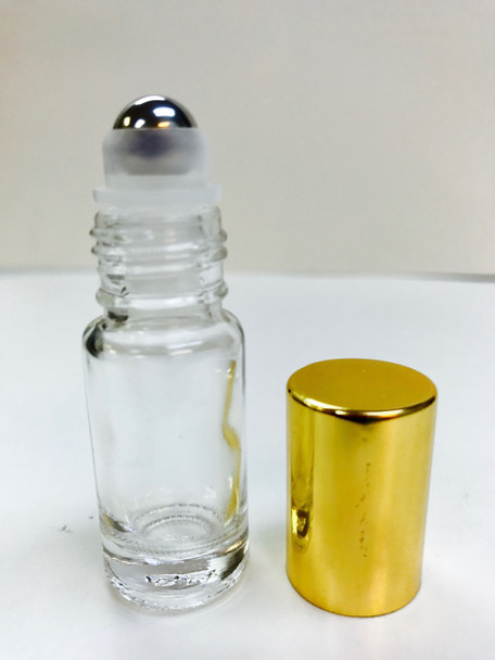 1/6 oz (5ml) Clear Glass Roll-on Bottle w/ Metal Ball and Gold caps Cap