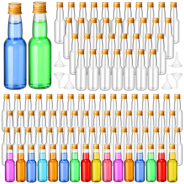 120 Pcs Mini Liquor Bottles, Plastic Spirit Bottle Mini Empty Plastic Alcohol Shot Bottles with Funnels, Airtight Shot Bottles Miniature Bottles for Party Favors, Weddings (Gold, 3.3 oz)