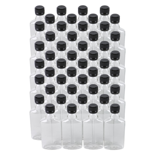 200 ml 6.7 oz Flask Bottles with Caps (48 Pack) Leak-Proof Tamper-Evident Lids, Compact Small Plastic Bottle for Liquid Beverage Sauce Liquor (200 ml, Black Caps) Bulk