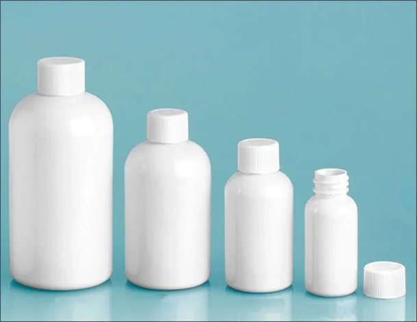 1 oz White PET Round Bottles w/ White Ribbed Polypro Caps