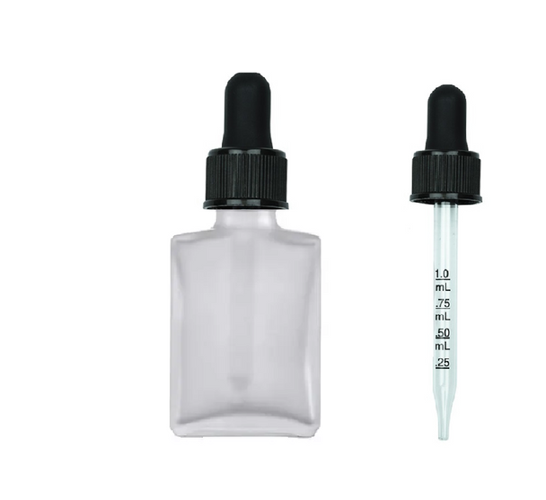 1 oz Frosted Square Temper Evident Glass Bottle w/ 18-415 Black Regular Calibrated Dropper