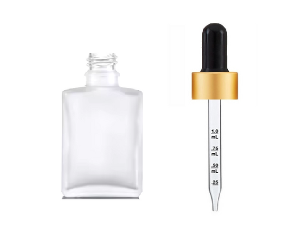 1 oz Frosted Square Temper Evident Glass Bottle w/ 18-415 Black Matte Gold Calibrated Dropper