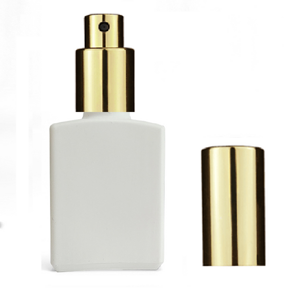 50ml Matte White Square Glass Bottle 18-415 Neck Finish w/ Shiny Gold Sprayer