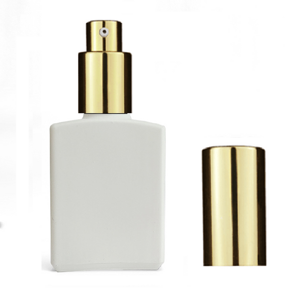 50ml Matte White Square Glass Bottle 18-415 Neck Finish w/ Shiny Gold Treatment Pump