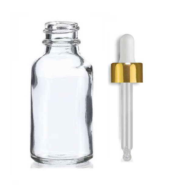 2 oz Clear Glass Boston Round Bottle w/ Shiny Gold Bullnose Dropper