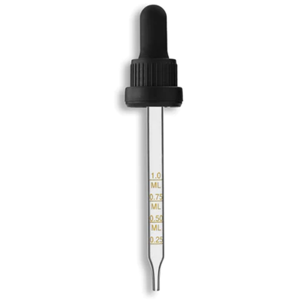 18-415, ribbed skirt tamper-evident calibrated dropper and 110 mm printed glass pipette