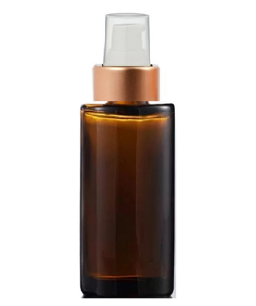 2 oz Amber Cylinder Glass Bottle with White Rose Gold Treatment Pump