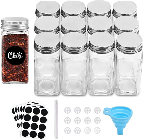Square Glass Spice Jars with Shaker Tops, Chalkboard Labels & Pen, Funnel and Airtight Silver Metal Lids, 4 Ounce Capacity- Pack of 12