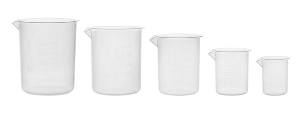 5PC Euro Design PP Beakers with Raised Graduations and Tapered Spout, 50,100, 250, 500, 1000ml