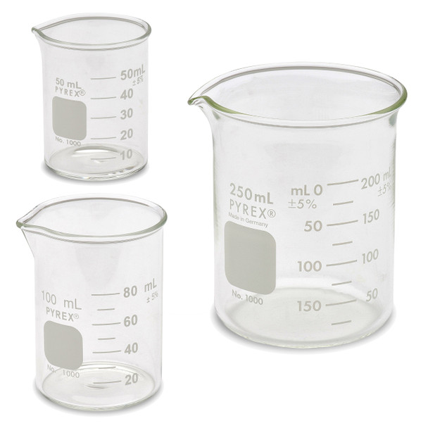 Corning Pyrex #1000 Griffin Low Form, Glass Beaker Set - 3 Sizes - 50ml, 100ml, 250ml