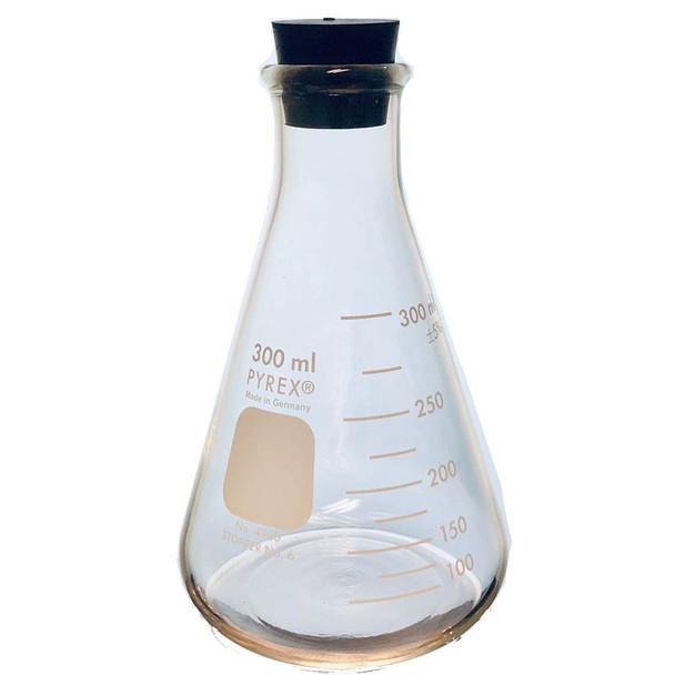 Corning Pyrex #4980-300, 300ml Narrow Mouth Erlenmeyer Flask with Rubber Stopper (Single)