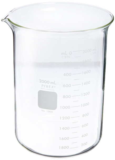 Corning Pyrex 1000-2L Glass 2 Liter Graduated Low Form Griffin Beaker, 100mL Graduation Interval, with Double Scale (Pack of 4)