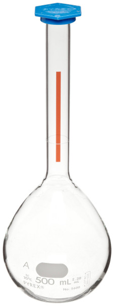 Corning Pyrex 5600-2L 2L Class A Lifetime Red Volumetric Flat Bottom Flask with Polyethylene Snap-Cap