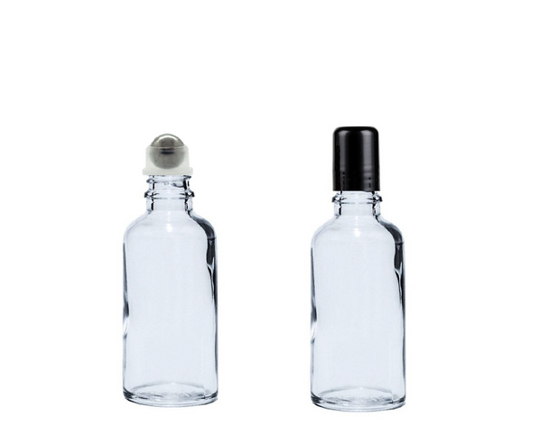 50 ml CLEAR Glass Euro Bottle w/ Steel Roller Ball & Black Cap