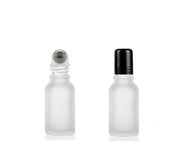15ml Frosted Euro Glass Bottle w/ Steel Roller Ball & Black Cap