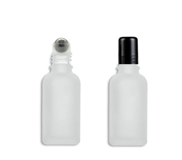 50ml Frosted Euro Glass Bottle w/ Steel Roller Ball & Black Cap