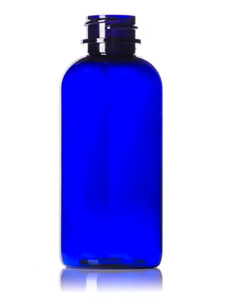 4 oz cobalt blue PET plastic boston round bottle with 24-400 neck finish
