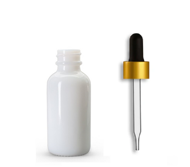1 oz Opal White Glass Bottle w/ Black Matte Gold Regular Glass Dropper