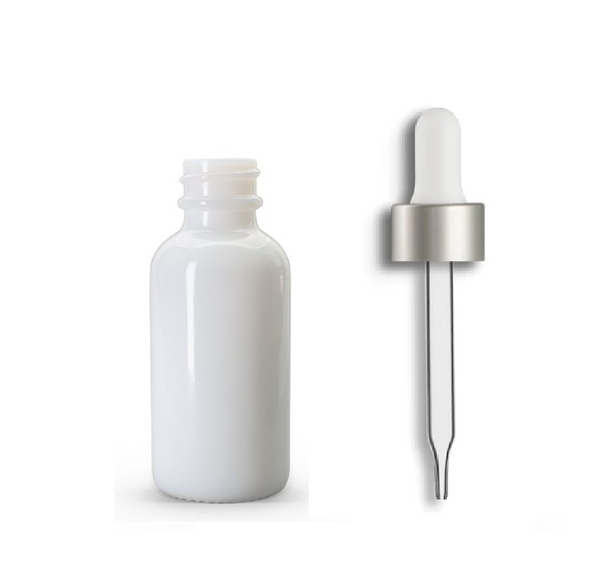1 oz Opal White Glass Bottle w/ Matte Silver White Regular Dropper