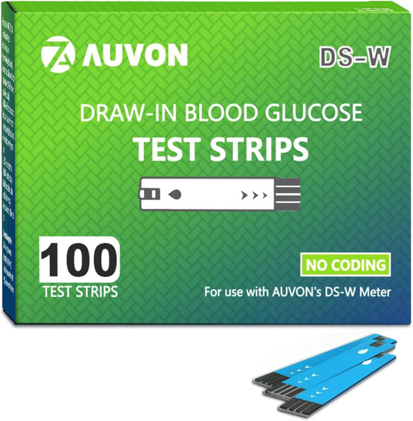 AUVON DS-W Draw-in Blood Glucose Test Strips for use with AUVON DS-W Diabetes Sugar Testing Meter (No Coding Required, 100 Count)
