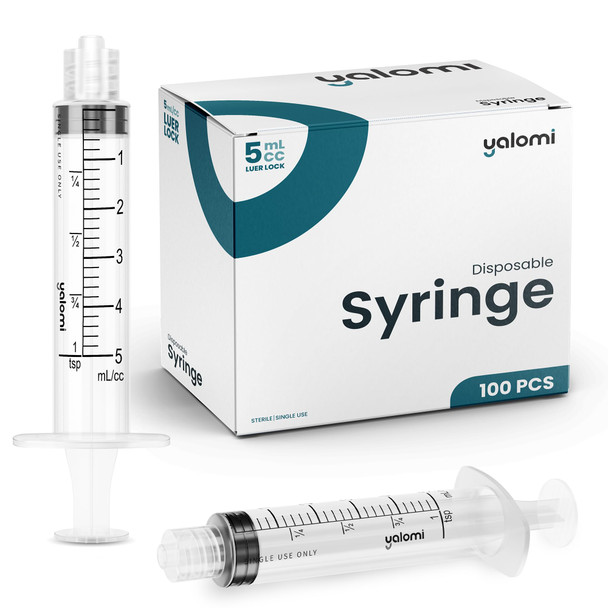 Yalomi 5mL Luer Lock Syringe (No Needle) | Sterile & Individually Wrapped | Professional, Industrial & Personal Use | 100 Pack