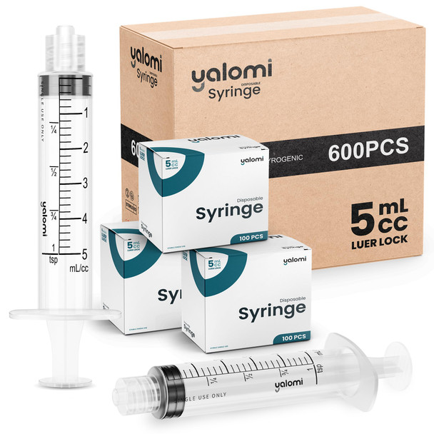 Bulk Case  5mL Luer Lock Syringe (No Needle) | Sterile & Individually Wrapped | Professional, Industrial & Personal Use | 600 Pcs (6x100) | Yalomi