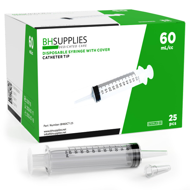 BH Supplies 60mL Syringe Catheter Tip Sterile with Caps - (No Needle) - Sterile, Individually Wrapped - 25 Syringes