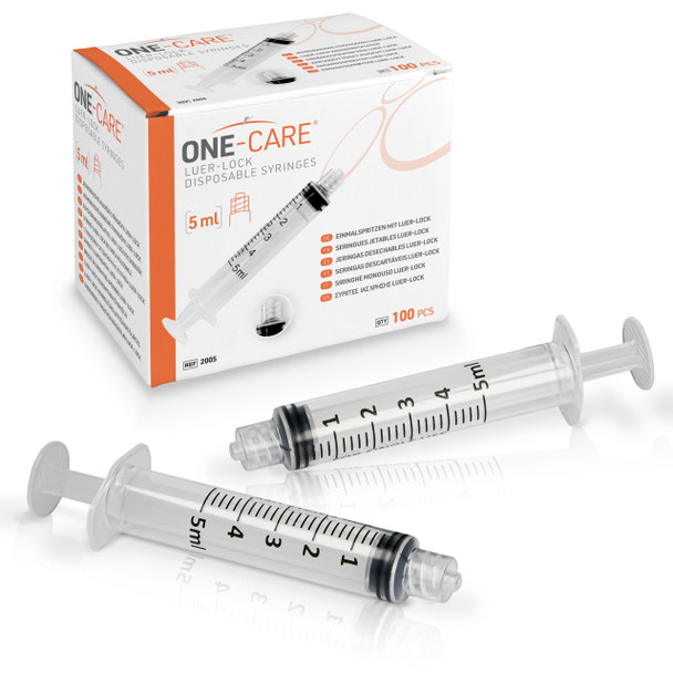 MediVena ONE-CARE 5ml Luer-Lock Syringes, Sterile, 100/bx Blister-Packed Syringes 5cc