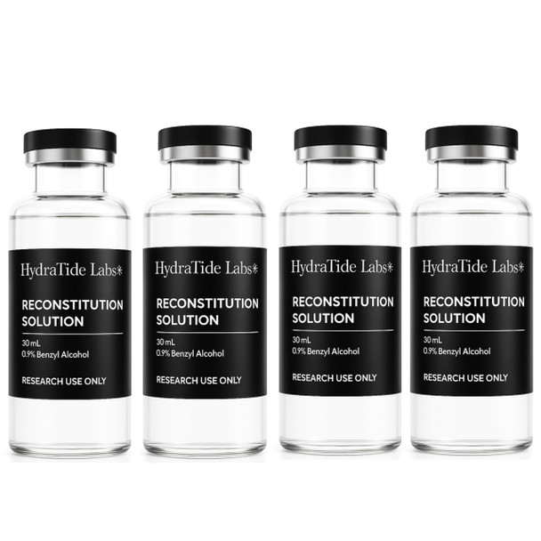 Reconstitution Solution  4 Pack of 30 mL Glass Vials - Deionized Water with 0.9% Benzyl Alcohol | for Research Use Only | Clear and Consistent Composition