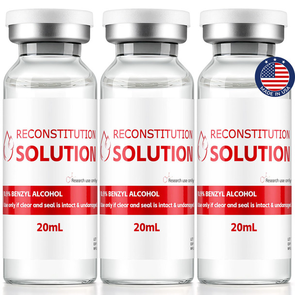 20 Ml Reconstitution Solution Ultra Clear Solution Heavy Duty Glass Sample Vials 3 Pack, Clear and Consistent, 0.22 µm Micron Filtered, Research Use Only, Made in USA