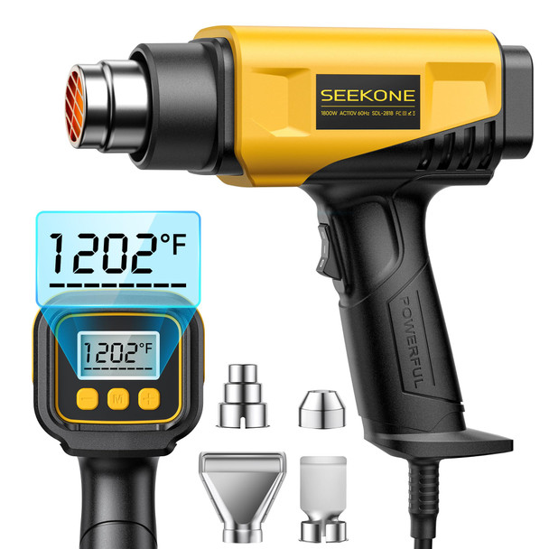 SEEKONE 1800W Heat Gun with LCD Digital Display Compact Design Hot Air Gun Variable Temperature Control 122℉-1202℉（50℃- 650℃）with Memory Function and 4 Nozzles for Crafts, Vinyl Wrap, Shrink Tubing